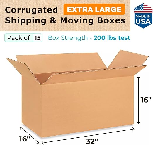 Extra Large Shipping & Moving Boxes 32"L x 16"W x 16"H (15-Pack) - Extra Strength 200 lb vs Regular - USA-Made Corrugated Cardboard Boxes for UPS, FedEx - Cardboard Large Box by IDL Packaging