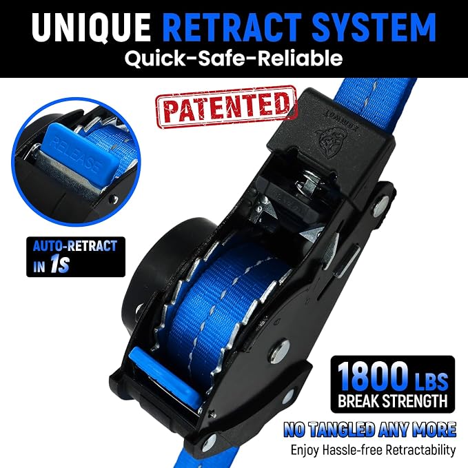 Retractable Ratchet Straps (Patented-4pack) - 1 inch x 10Feet (1,800lb Break Strength) Auto Self Retracting Tie Down Straps - Self Retractable Straps with Refletcive for Motorcyle, Truck or Cargo