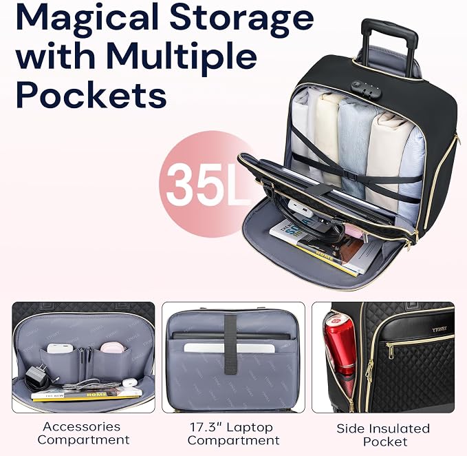 Ytonet Rolling Teacher Bag, Rolling Briefcase for Women, 17.3 Inch Rolling Laptop Bag with Lock, Water Rresistant Wheeled Computer Bag, Roller Bags for Work Travel Overnight, Black