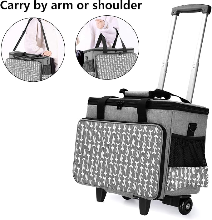 Yarwo Upgraded Rolling Sewing Machine Carrying Case, Detachable Trolley Tote Bag with Removable Bottom Board and Thickened Trailer Leg for Most Standard Sewing Machine and Accessories, Gray with Arrow