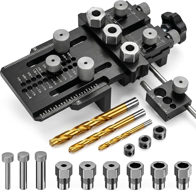 Dowel Jig Kit, Self-Centering Doweling Jig with Quick-Stop Clamp, Adjustable Drill Guide for Straight Dowel Holes, 1/4", 3/8", 1/2" Bushings for Woodworking, Cabinet & Furniture Joints