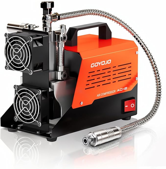 GOYOJO AC-2 PCP Air Compressor, 4500 PSI/30 MPa Portable Oil-Free Air Pump, Up to 45 Min Continuous Runtime, 12V DC & 110V/220V AC Converter, for PCP Airguns & HPA Paintball Tanks