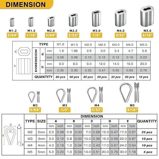Sanuke Wire Rope Crimping Tool Kit, Crimping Loop Sleeves from 3/64-inch to 1/8-inch, with 390PCS Stainless Steel Wire Rope Cable Thimbles Aluminum Crimping Loop Sleeve