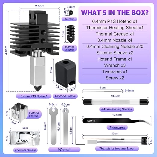 Hotend Kit for Bambu Lab P1P/P1S, 3D Printer Hot End Replacement with Hardened Steel Nozzle 0.4mm, High Speed & Temperature Extruder Heating Block Hot End for Bambu Lab P1 Series 3D Printers