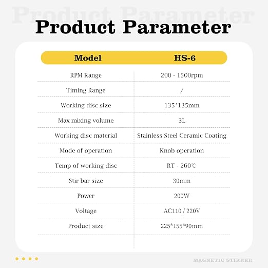 LAB FISH HS6 Magnetic Stirrer Hot Plate, 260℃ 200-1500RPM | 5.2 inch square ceramic hot plate, 3L, knob speed control, with stand & stir bar for lab heating & mixing