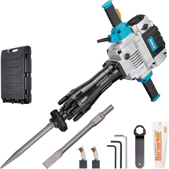 Berserker 2100W 50-Pound Demolition Jack Hammer 125K with 1-3/16" Hex,17Amp | Full-Size Heavy duty Corded Electric Concrete/Pavement Breaker with Wheeled Carrying Case, Flat Chisel, Bull Point Chisel