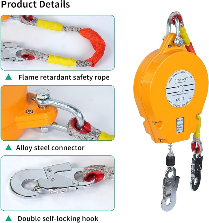 66FT Self Retracting Lifeline, Adjustable Retractable Lifeline Fall Protection Rope, Heavy Duty Retractable Lanyard, Roofing Lifelines, Industrial Fall Arrest Retractor
