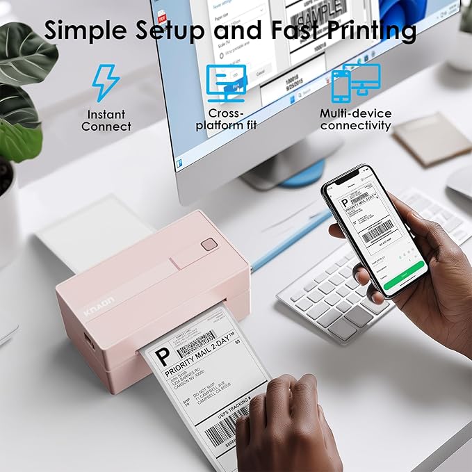 KNAON Bluetooth Thermal Shipping Label Printer, 4x6 Portable Thermal Address Label Printer for Small Business, Compatible with iPhone,Android,Windows,Mac,–Works with Etsy Shopify USPS&More, Pink