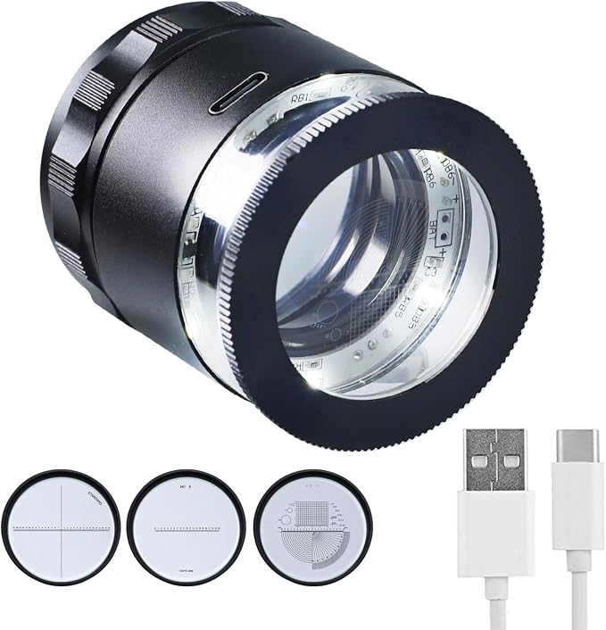 10X Rechargeable Jewelers Loupe Magnifier with LED Lights and 3 Reticle Scales, 25 mm Field of View, Adjustable Focus LED Scale Loupe Jewelry Magnifying Glass for Gems, Coins, Watch, Stamps, Plants