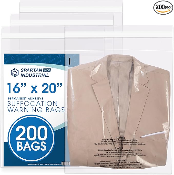 Spartan Industrial - 16" X 20" (200 Count) Self-Seal Clear Poly Bags With Suffocation Warning for Packaging, Blankets, Clothing - Permanent Adhesive