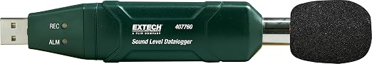 Extech 407760 USB Sound Level Datalogger | A/C weighting, fast/slow response, 129,920 logs, software, electret mic, tripod, windscreen, battery