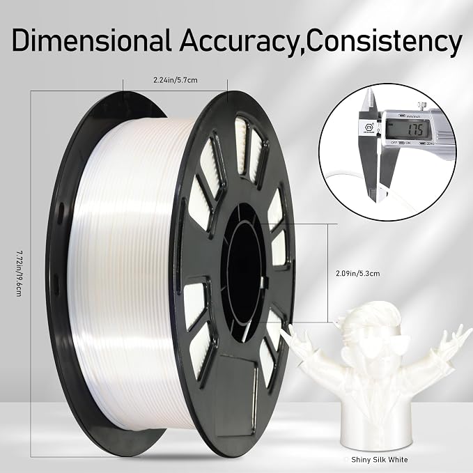 Silk White PLA Satin Shiny 3D Printer Filament, 1.75mm Diameter 1kg Spool 2.2lbs for FDM 3D Printers