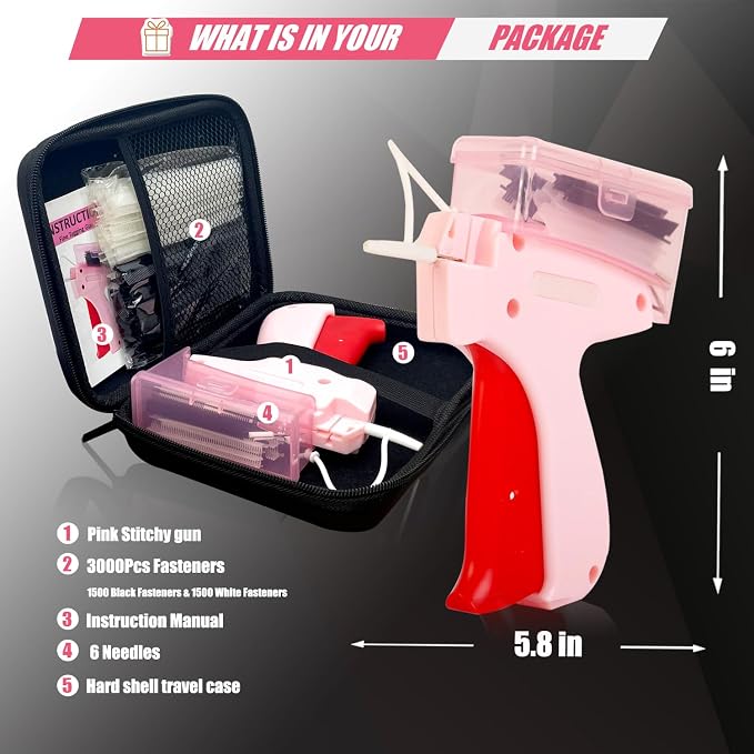 BLEDS Pink Stitch Gun for Clothes Quick Clothing Fixer Hemming Sewing Tool | mini tagging gun kit with portable case 6 needles 3000 5mm mini fasteners