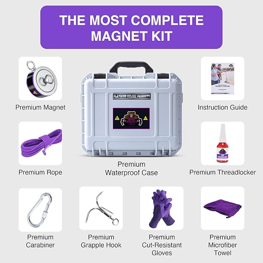 2600LB’s Complete Magnet Fishing Kit | Double Sided Fishing Magnet Kit with Case | Includes Strong Neodymium N52 Magnets, Durable 65ft Rope, Carabiner, Gloves, Grappling Hook & Carry Case