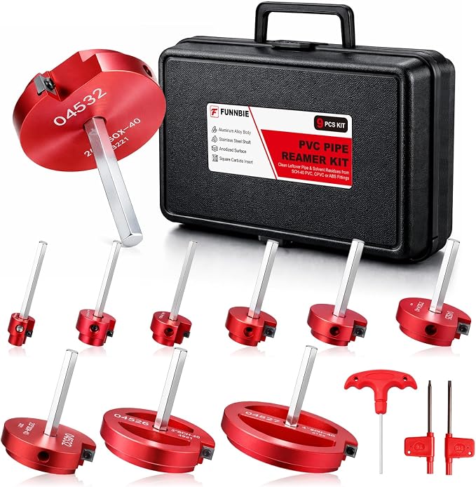 9Pcs PVC Pipe Reamer Kit, Durable Aluminum PVC Fitting Saver for Sch.40 CPVC, ABS, Lightweight Socket Saver Plumbing Tool Includes 1/2", 3/4", 1", 1-1/4", 1-1/2", 2", 2-1/2", 3", 4",1/2" Drill