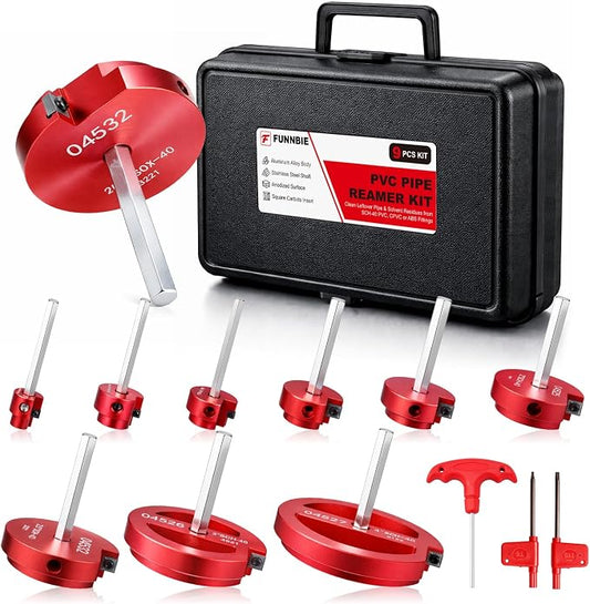9Pcs PVC Pipe Reamer Kit, Durable Aluminum PVC Fitting Saver for Sch.40 CPVC, ABS, Lightweight Socket Saver Plumbing Tool Includes 1/2", 3/4", 1", 1-1/4", 1-1/2", 2", 2-1/2", 3", 4",1/2" Drill