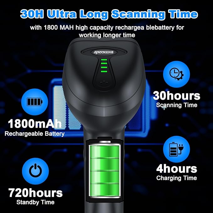 Symcode Barcode Scanner Wireless with Auto-Sensing Stand,Handheld 1D Laser Cordless Bar Code Scanner with Battery Level Indicator and Multiple Scanner to One Receiver