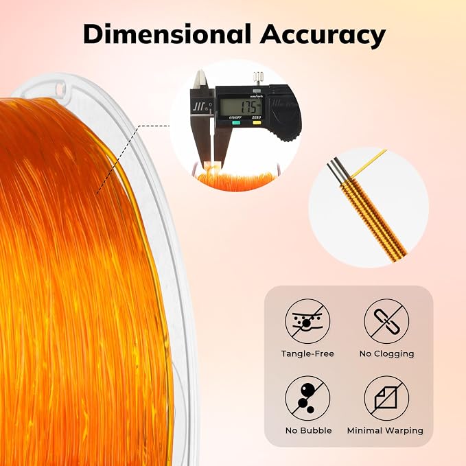 AMOLEN 95A TPU 3D Printer Filament 1.75mm, High Hardness & Resilience TPU Transparent Orange Filament, 1KG Flexible 3D Filament, Dimensional Accuracy +/- 0.02mm, Suitable for Most FDM 3D Printers