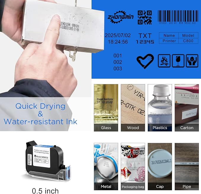Handheld Inkjet Printer with 42ml Quick-Drying Ink Cartridge, Portable Ink Jet Coding Machine for Text/Date/Batch Number/QR Code/Barcode/Logo, Print Height from 0.08 to 0.5 Inch (ZM-C800)