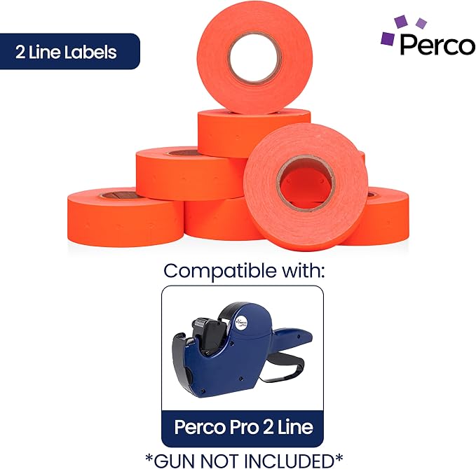 Perco 2 Line Fluorescent Red Labels - 6,000 Blank Price and Date Gun Labels for Perco 2 Line Price and Date Guns - 8 Rolls, 1 Sleeve - Made in USA