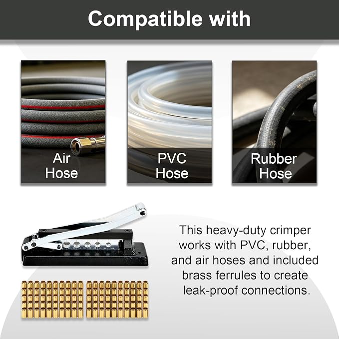 Heavy Duty Bench Hose Crimper Kit with 100 Ferrules (50x 0.593" ID& 50x 0.625" ID), for 1/4", 5/16", 3/8" PVC, Rubber & Air Hoses, Portable Torch Hose Repair Kit,Ferrule Crimping Tool Kit