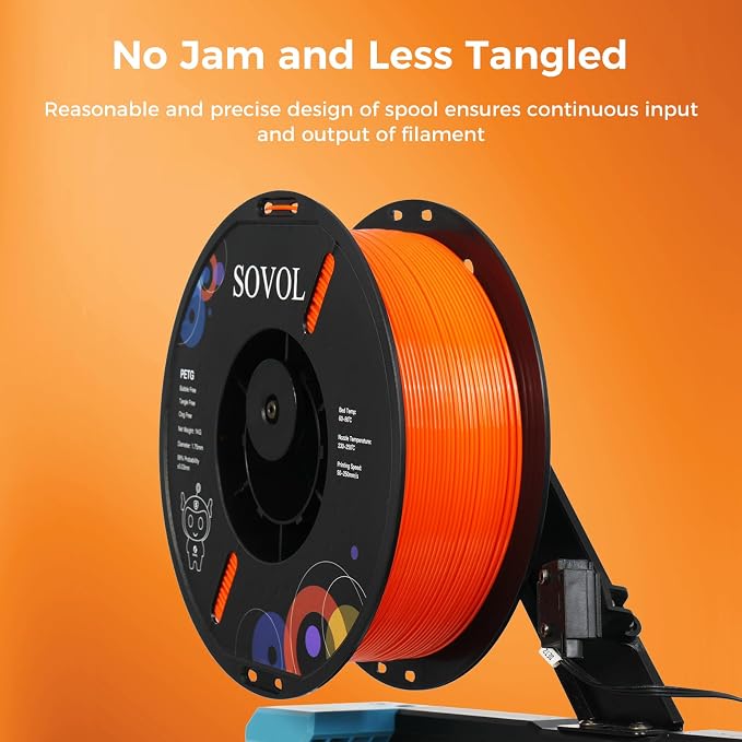 Sovol 3D Printer PETG Filament 1.75mm 1KG (2.2lbs), High Precision, Strong Toughness, Wiring Tightness, Dimensional Accuracy +/- 0.03 mm, 3D Printing PETG Filaments, Orange