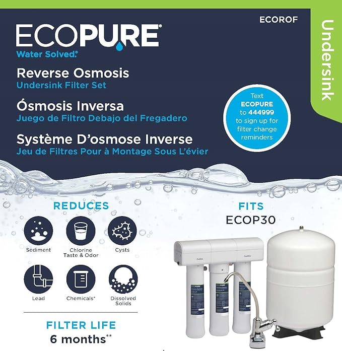 EcoPure Reverse Osmosis Under Sink Replacement Water Filter Set (ECOROF) | NSF Certified | Fits ECOP30 System | 6-Month Filter Life (Pack of 4)
