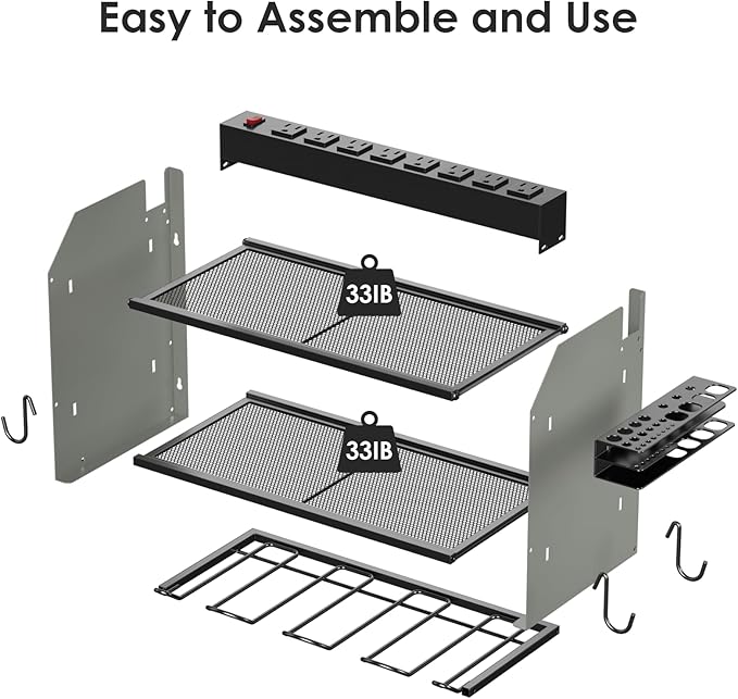 CCCEI Wall Mount Modular Tool Charging Organizer, Grey, 1 Pack, 3 Tier. | Drill Battery Storage Rack with Hooks, Garage Workshop, Gifts for Men, Dad, Husband Anniversary, Birthday, Christmas