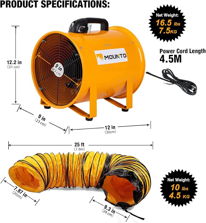 MOUNTO COMBO Heavy Duty Cylinder Fan with 25-foot Vinyl Hose (8inch)