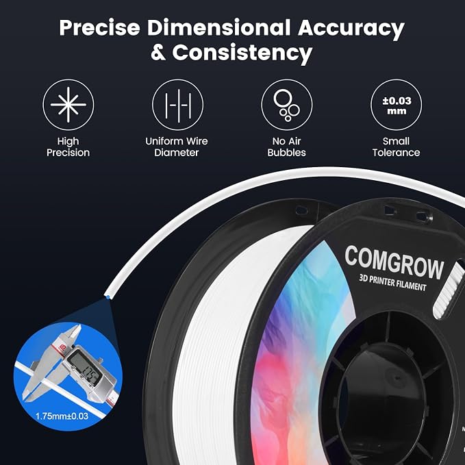 Comgrow PLA 3D Printer Filament, 3D Printer PLA Filament 1.75mm, Dimensional Accuracy +/- 0.02 mm, 1KG Spool PLA White