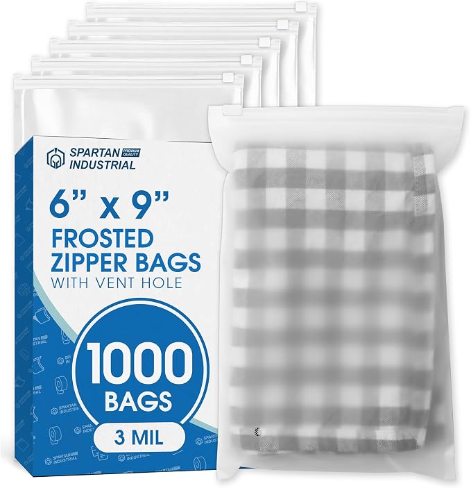 Spartan Industrial - 6" X 9" (1000 Count) 3 Mil Frosted Zipper Bags With Vent Hole - Reclosable Packaging Bags for Cosmetics, Prints, Accessories