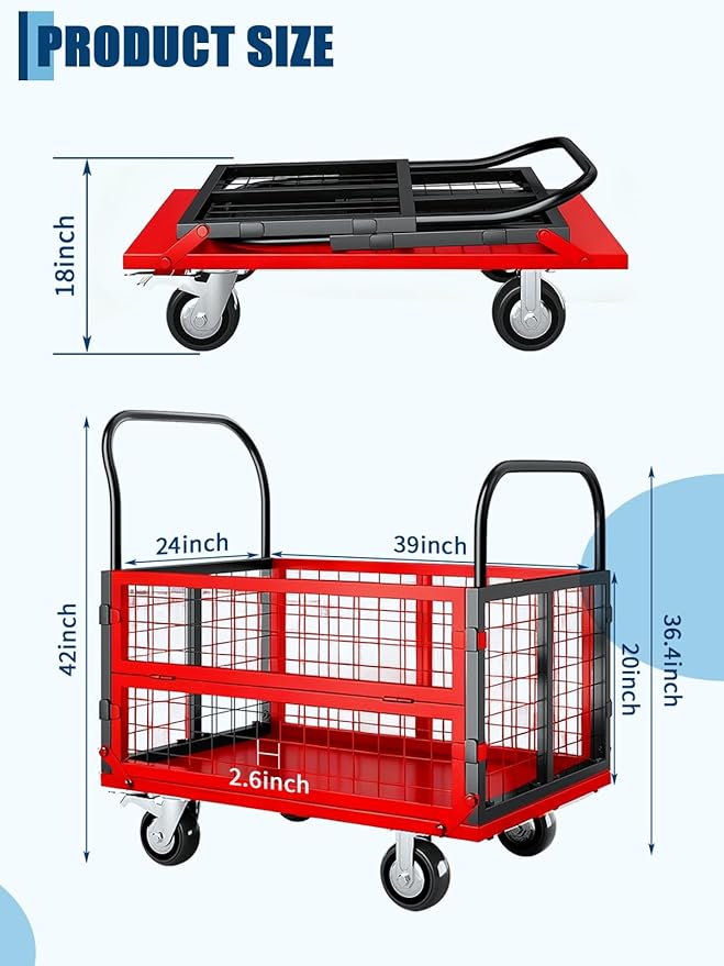 GarveeTech Platform Truck Cart with Cage, 6-in-1 Multi-Purpose Flatbed Cart, Foldable Hand Truck Load 1800LBS with 4 Wheels Push Dolly for Grocery, Laundry, Garage, Warehouse (Red+Black)