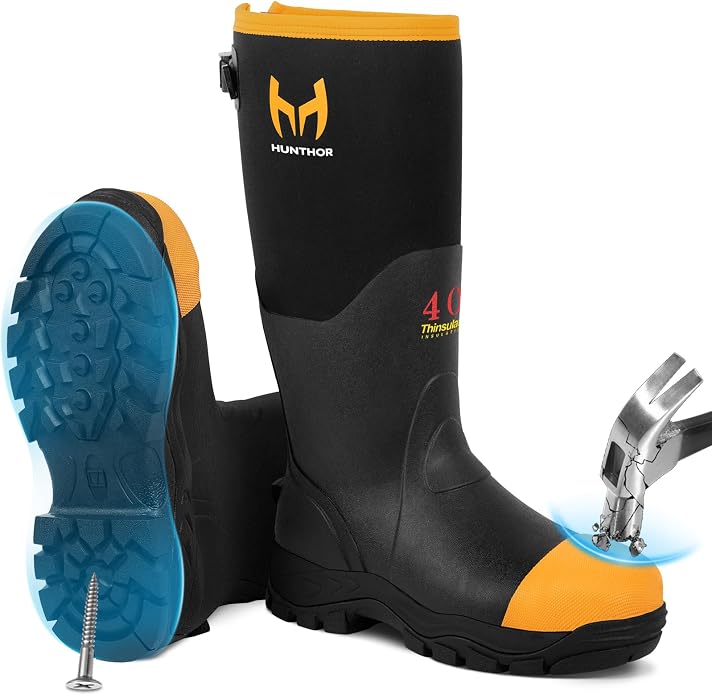 Rubber Work Boots for Men with Steel Toe, 400g Insulated, 1100N Puncture-Proof Hunting Boots with 7mm Neoprene Waterproof and EVA Midsole, Back Gusset, Ideal for Work,Farming Fishing Size 7-14