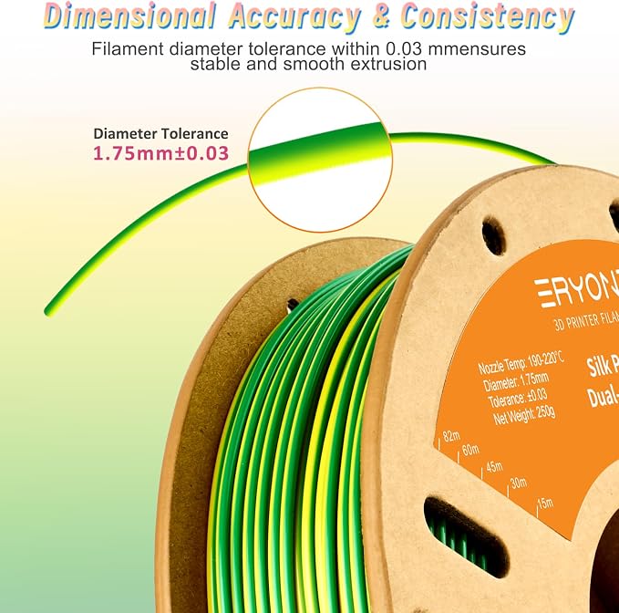ERYONE PLA Filament 3D Printer Filament Multicolor 1.75mm +/- 0.03mm, PLA Filament 250g Spool, Silk Dual Color Yellow Green