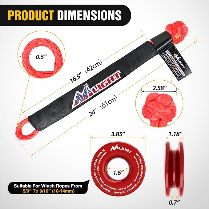 Nilight Synthetic Soft Shackle 1/2" x 24" & Recovery Ring Kit - 56,000 LBS Shackle Breaking Strength with 46,000 LBS MBS Snatch Pulley for 4x4 Truck SUV ATV UTV Off-Road Vehicle Extraction (Red)