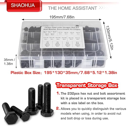M6 M8 M10 M12 Metric Bolts and Nuts Assortment Kit 16MM to 60MM Grade 8 Hex Head Nuts Bolts Washers Assortment 15 Metric Sizes Nuts and Bolts Assortment Kit with Storage Case, 232PCS, Black