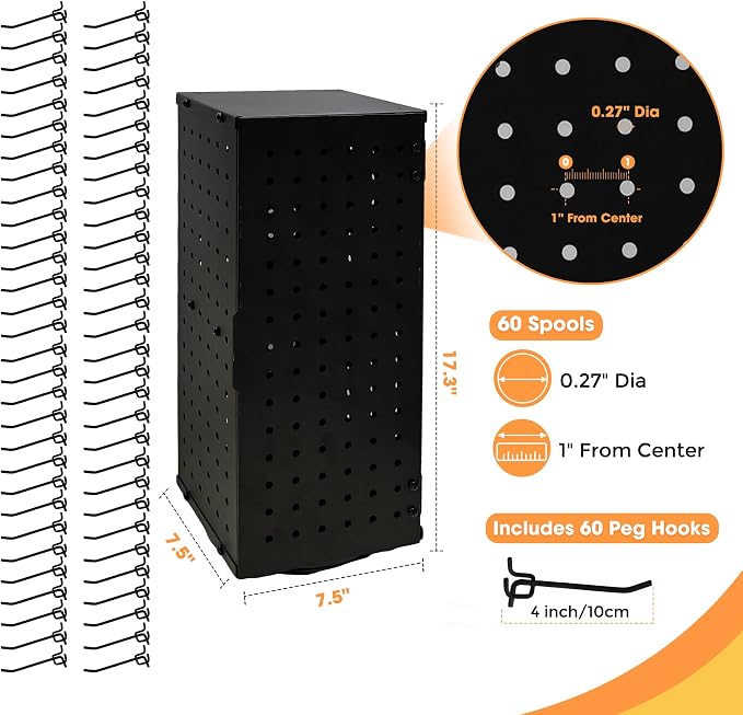 360° Rotating Pegboard Display Stand with 60 Hooks & Inner Storage Compartments - Metal Peg Board Keychain Jewelry Display Stand for Vendors, Retail, Craft Shows (Black)