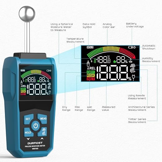 DURFICST Pin&Pinless Moisture Meter with Color LCD & Acoustic Alarm, Detects 20-40 mm Walls, Wood, Masonry, Concrete & Other Building Materials