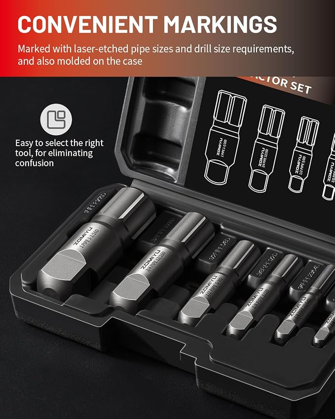 Pipe Extractor Set,Heavy Duty Steel Broken Pipe Extractors for Removing Damaged Threaded Pipes & Fittings from 1/8" to 1",with Durable Storage Case, Ideal Tools for Plumbers Mechanics DIY（6-Piece）