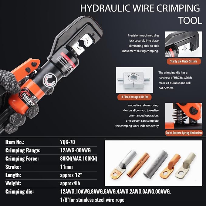 Hydraulic Crimping Tool, Hydraulic Wire Crimping Tool | 12 AWG to 2/0 Gauge | Heavy-Duty Terminal Crimper with 9 Dies for Electrical, Battery & Welding Cables