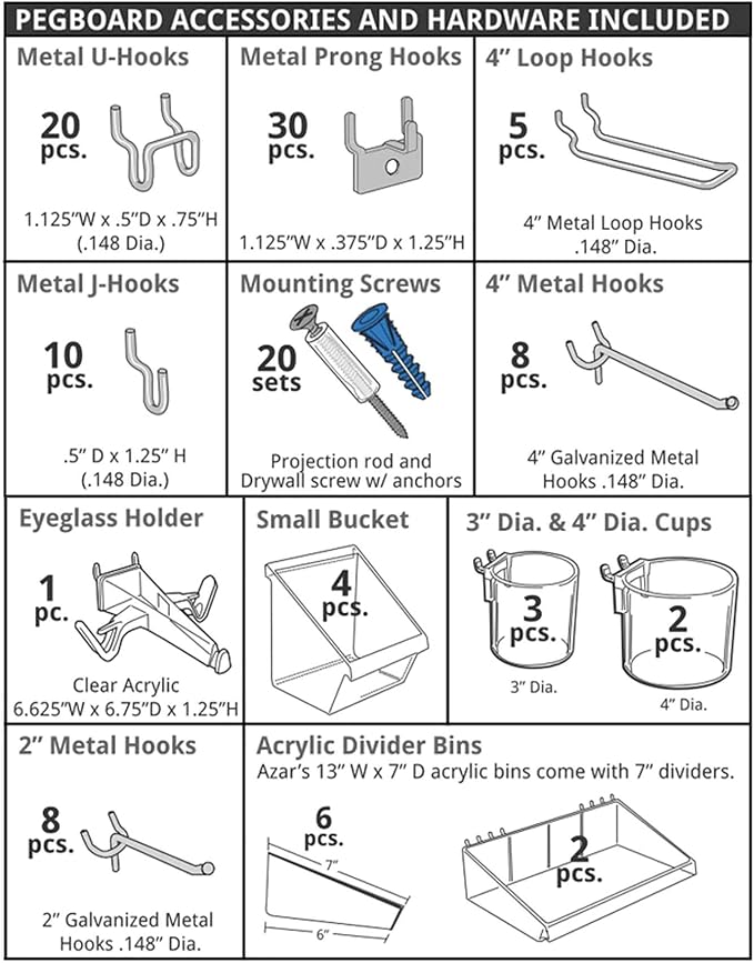 Azar Displays 900988-WHT 48" x 24" Pegboard Organizer Kit in White