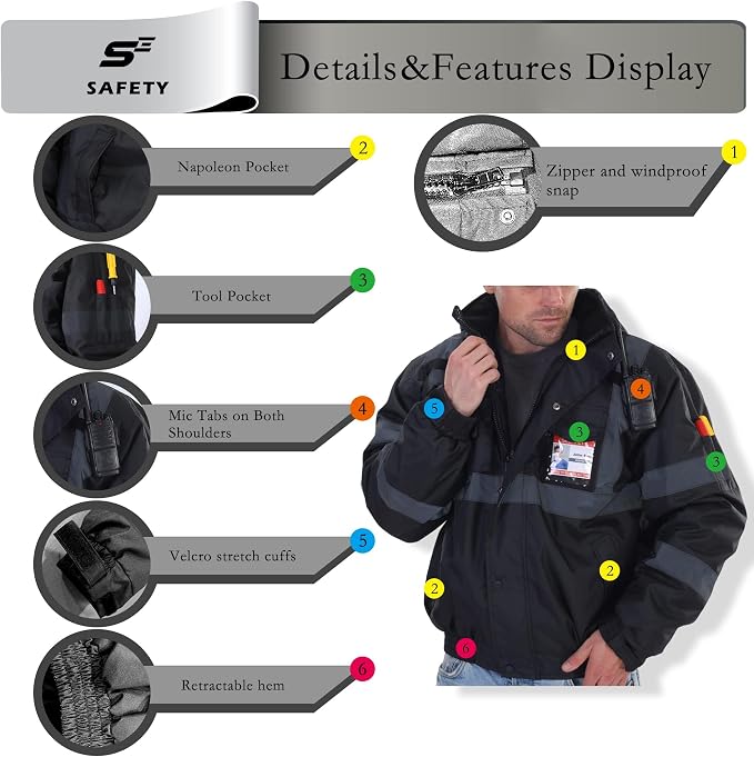 sesafety Reflective Jacket for Men, High Visibility Jackets, Safety Jackets for Men, Hi Vis Construction Bomber Jackets Waterproof with Pockets and Zipper, Black Bottom, Class 3