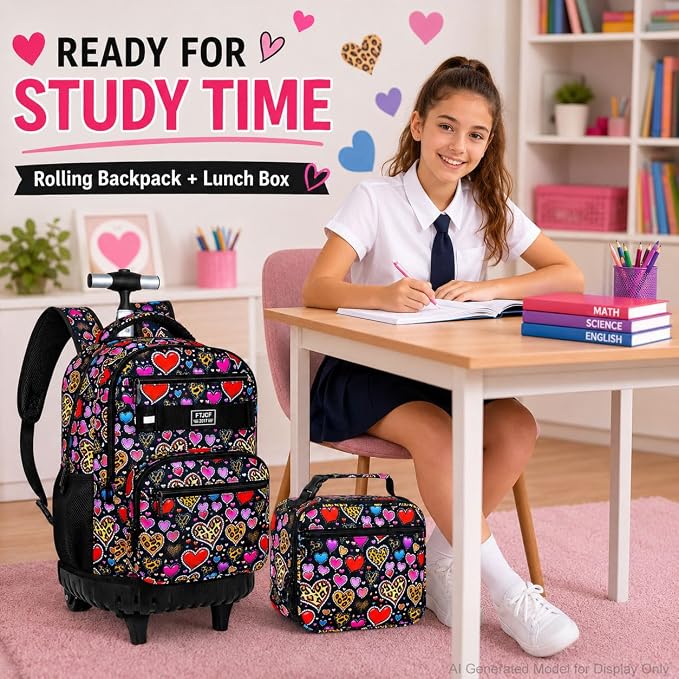 3Pcs Rolling Backpack for Girls Women, Leopard print Travel Roller Backpacks with Wheels for Adults, Teens College Wheeled Bookbag with Lunch Box(Brown)