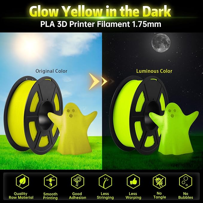 SUNLU Glow in The Dark PLA Filament, Neatly Wound Luminous PLA 3D Printer Filament 1.75mm Dimensional Accuracy +/- 0.02mm, Fit Most FDM 3D Printers, 1kg Spool (2.2lbs), (Yellow PLA, Glow Yellow)