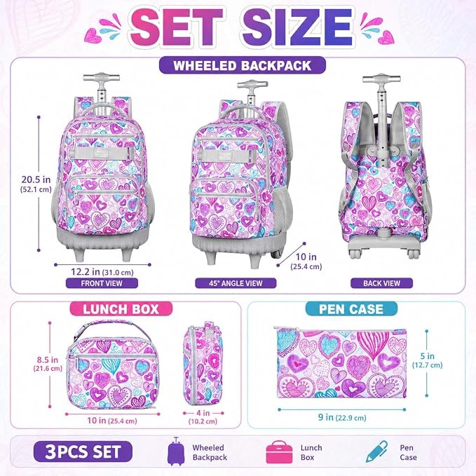 3Pcs Rolling Backpack for Girls Women, Travel Roller Backpacks with Wheels for Adults, Teens College Love Wheeled Bookbag with Lunch Box(Ash Powder)