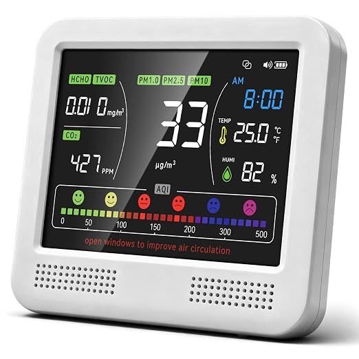 16-in-1 Air Quality Monitor 18Hr Battery 7" LCD CO2 PM2.5 TVOC AQI Alert