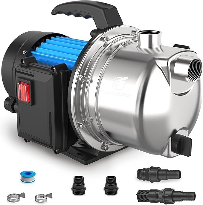 FLUENTPOWER Shallow Well/Deep Garden Pump, 1.5HP 1200GPH Portable Water Booster Jet Pump for Home, Garden, Lawn, Sprinkler Irrigation, Water Transfer, Stainless Steel