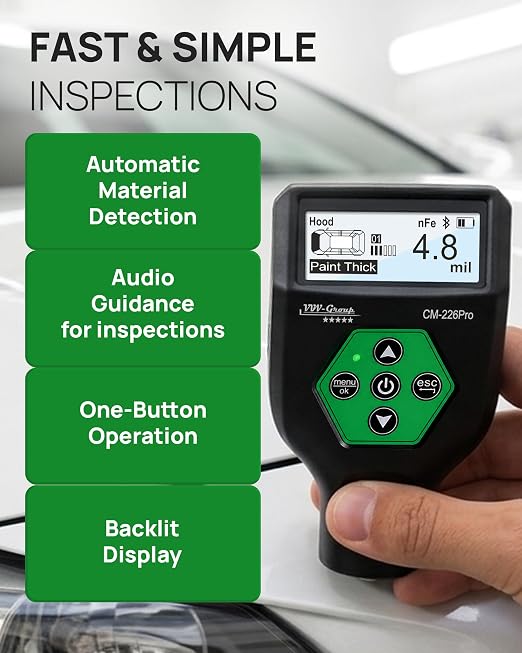 Paint Thickness Gauge CM-226Pro with Bluetooth App for iOS & Android, Rechargeable Coating Thickness Tester for Cars, Fe/NFe/Fe+Zn Detection, Car & Normal Modes, Auto Body Paint Meter