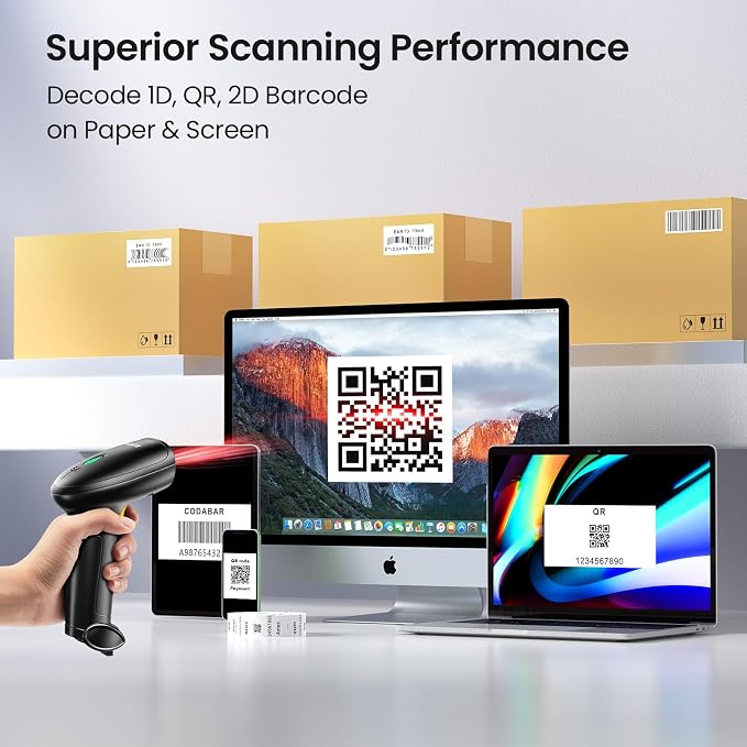 Bluetooth Barcode Scanner Wireless: Inventory 2D 1D QR Code Scanners with Stand for Computer POS,Handheld CMOS Image Bar Code Reader for Warehouse Library Supermarket-Yellow