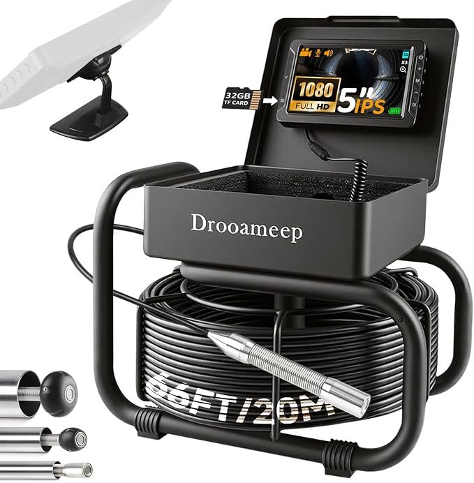 Sewer Camera, Sewer Inspection Camera, 5" IPS HD Drain Camera with 8 Lights, IP68, 32GB, DVR, FOV145°, Microphone & Speaker, for Pipe, Home Duct, Plumbing - 66FT